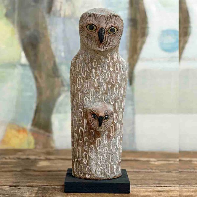 Hovedbilde Ugle med ugleunge, skulptur keramikk 33 cm 