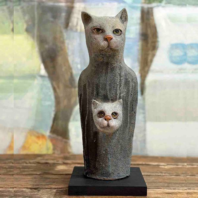 Hovedbilde Katt med kattunge, skulptur keramikk 36 cm 