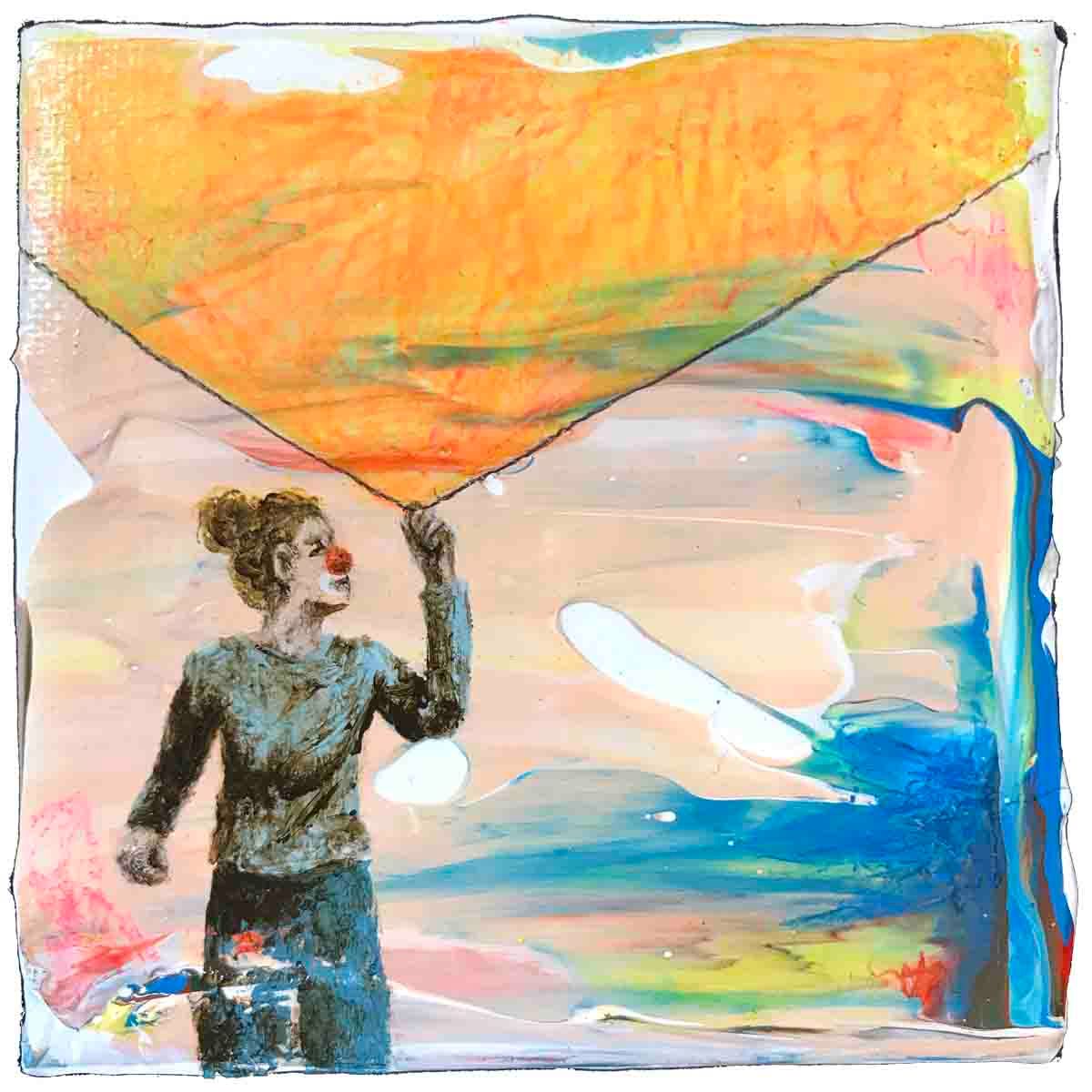 The curious clown, 10x10 cm maleri