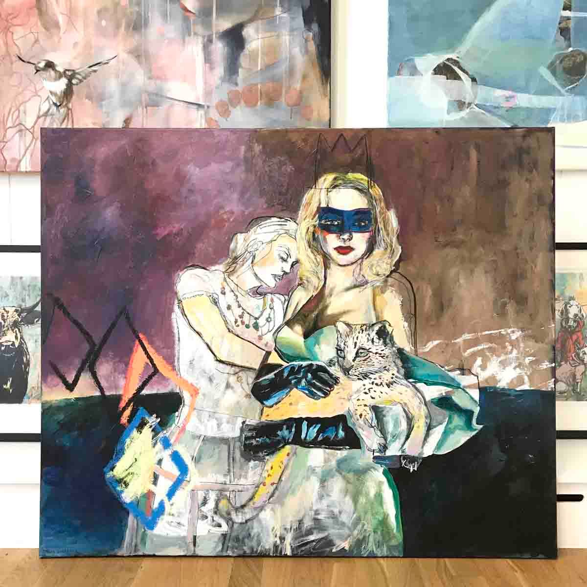 Leading lady with leopard, 120x100 cm maleri