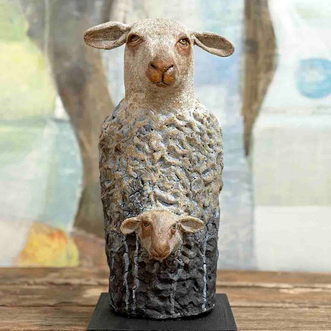 Hovedbilde Sau med lam, skulptur keramikk 34 cm 
